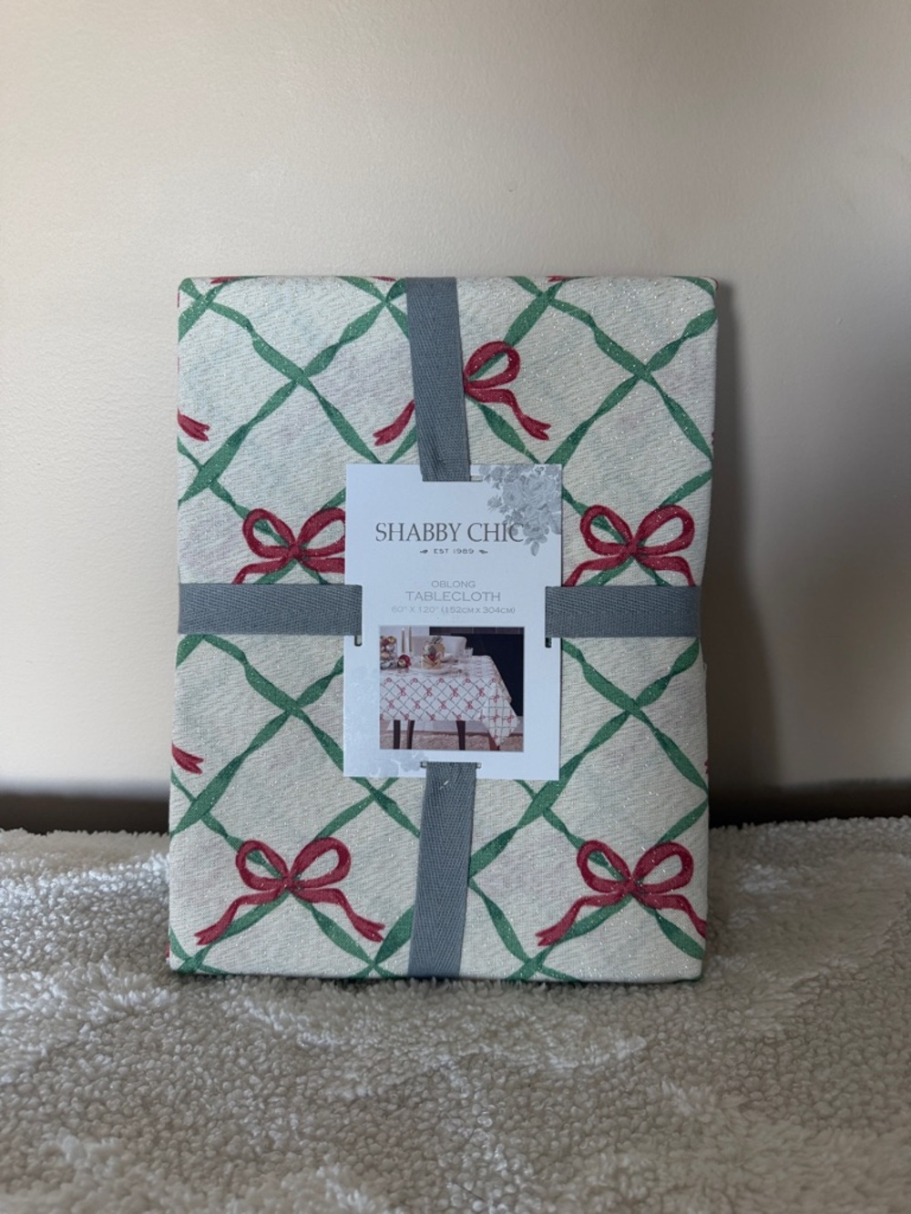 Shabby Chic Holiday Christmas Tablecloth Red Bow Oblong 60x120 NEW!